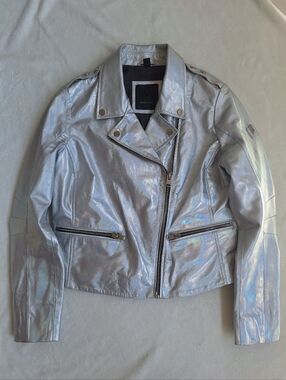 ✨ MAURITIUS Silver Holographic Leather Moto Jacket Sz L (Fits like M) ✨️